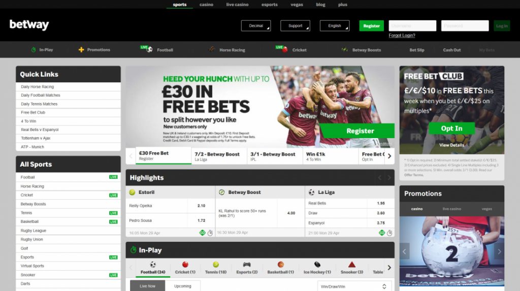 Official website of Betway betting company